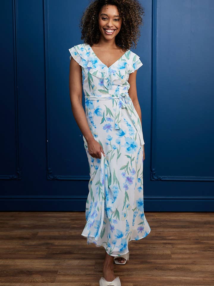 ANGELEYE - Wholesale Dress - Women's - Flutter Sleeve Maxi Dress with Tie Belt in White Blue Floral3