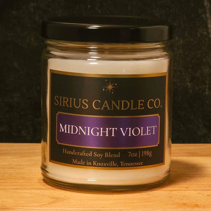 Midnight Violet - 7 oz. Clear Glass Scented Candle for wholesale by Sirius Candle Co.