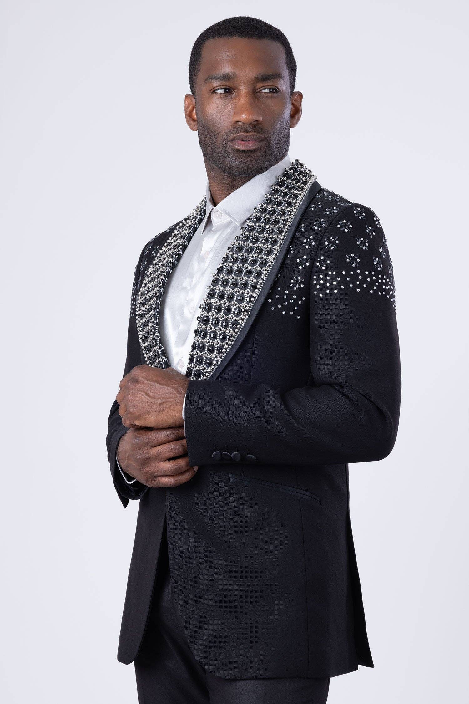 BARABAS - Wholesale Blazer - Men's - Men's Floral Rhinestone Shawl Lapel Blazer 4EBL4610