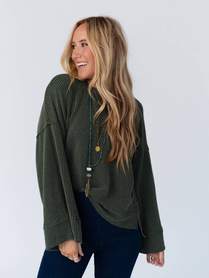 Love It Round Neckline Textured Top - Olive for wholesale by Three Bird Nest