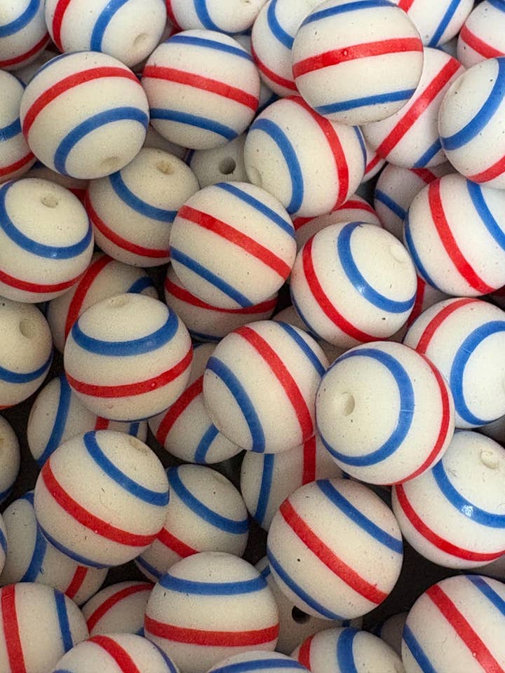 Perles en silicone rayées rouge blanc bleu - 15 mm 10 unités pour la vente par ASAP Craft Supplies