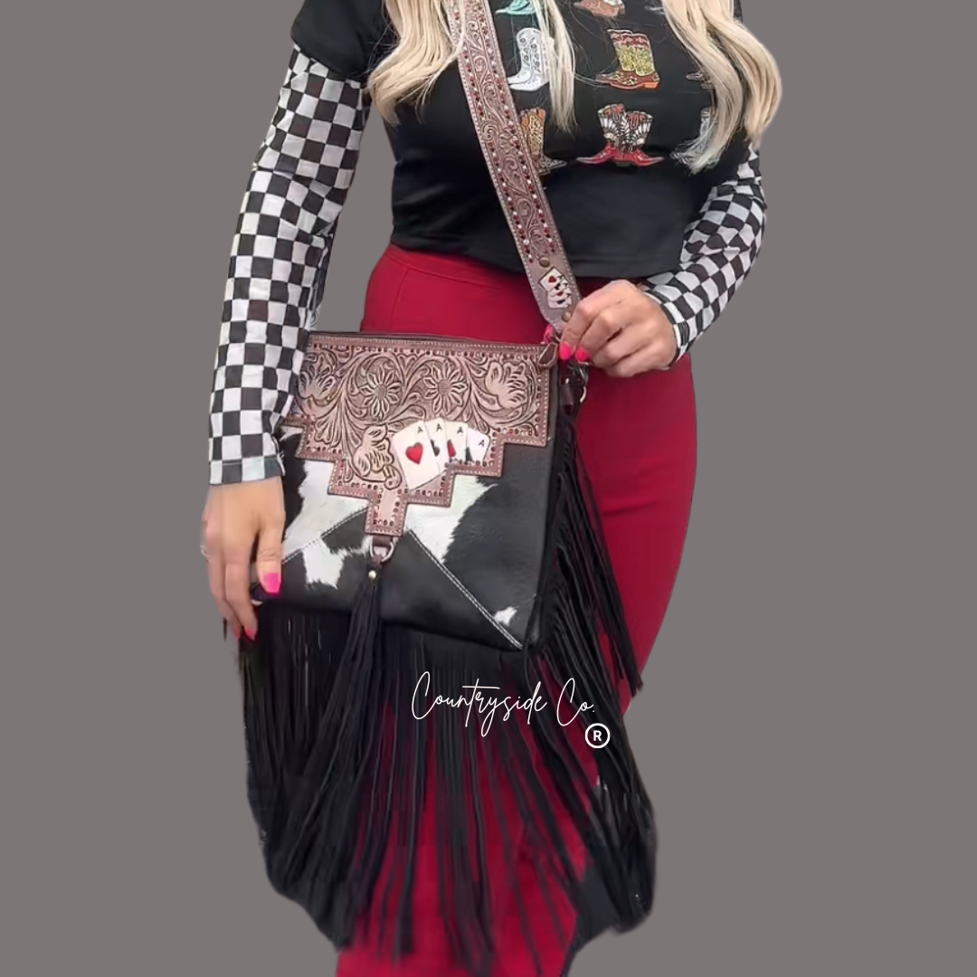 Texas Western Cowhide Bags and More - Wholesale Crossbody Bag - Women's - Gambler Cowhide and Tooled Leather Western Purse2
