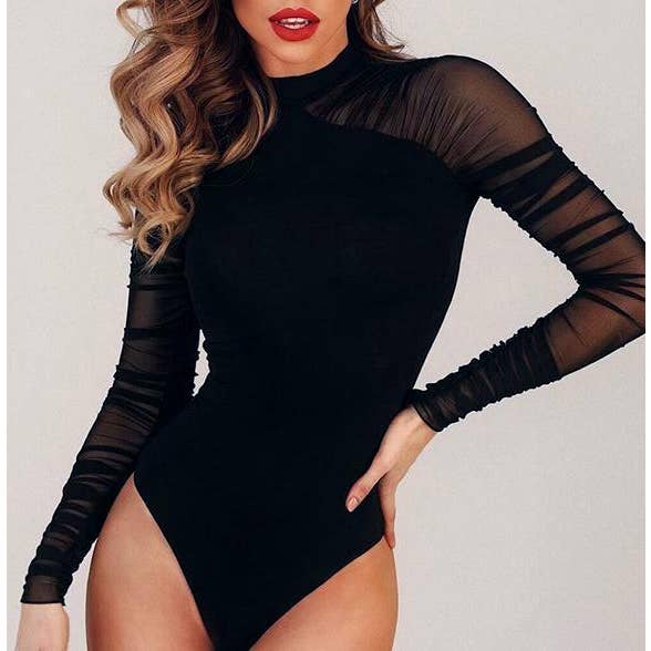 Rosa Clothing - Wholesale Bodysuit - Women's - Round-neck mesh long-sleeved bodysuit