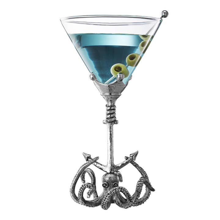 Pewter Kraken Octopus Martini Glass with Anchor Base for wholesale by The Wine Savant / Khen Glassware