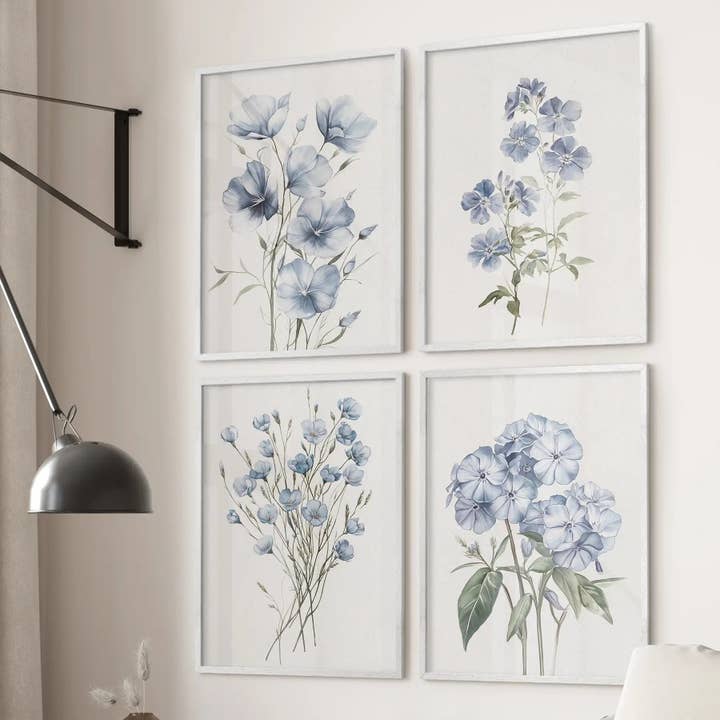 Blauwe Botanische Muurkunst Set van 4 Prints. Vlas, Phlox Bloemen voor wholesale door PrintSets.com