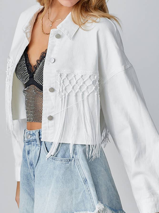 UNISHE - Wholesale Denim Jacket - Women's - Sequin Letter Tassle Denim Short Jacket OZX0823