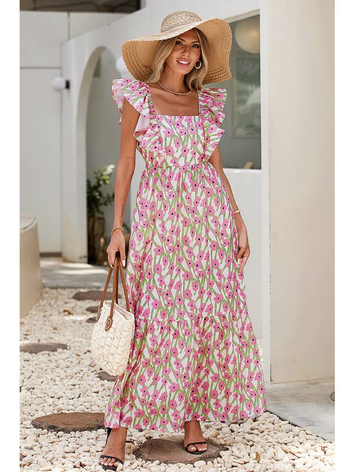 Little Daisy Closet - Wholesale Dress - Women's - LDC Floral Print Square Neck Ruffled Strap Maxi Dress