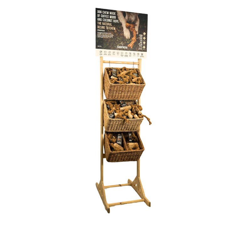Wooden Sales Display Filled With 85 Coffee+Coco Dog Chews. for wholesale by CANOPHERA LLC