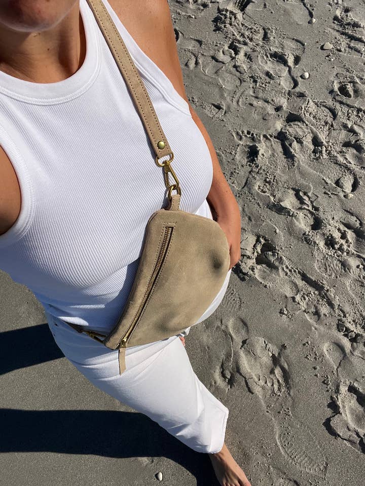 Sling Bag, Sand Suede for wholesale by ABBY ALLEY