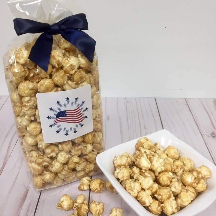Patriotic Caramel Popcorn 8oz ribbon bag for wholesale by Popsations Popcorn Company