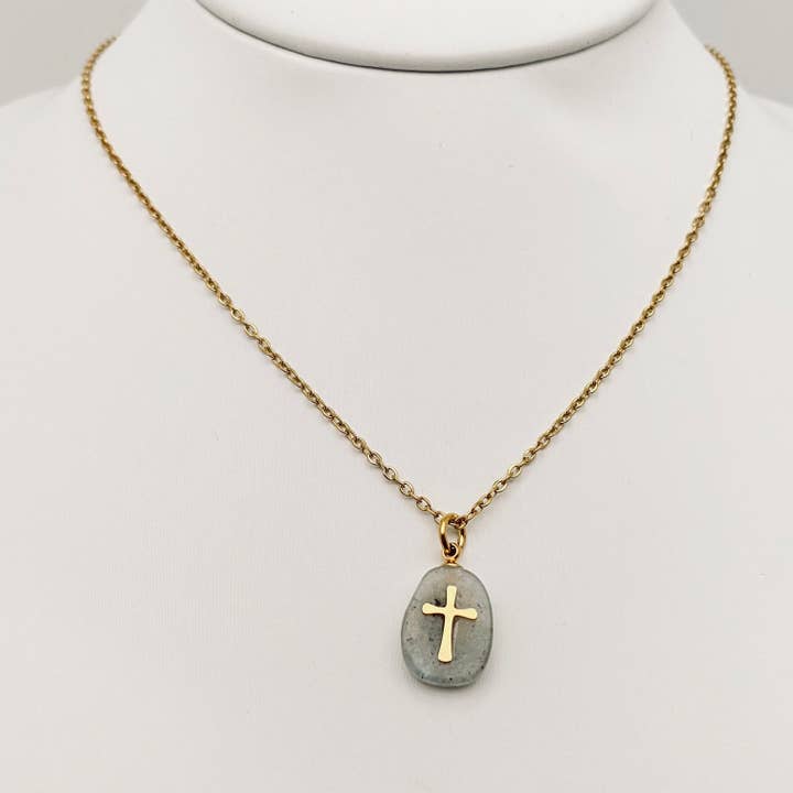 Mio Queena - Wholesale Pendant/Charm Necklace - Natural Stone Stainless Steel Cross Pendant Necklace - CS