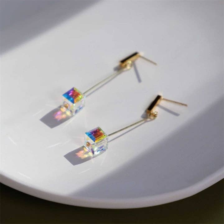 Haengseongworkshop - Wholesale Dangle Earrings - 1cm Rectangle Bar Stud Gold Plated/ 316 Surgical Stainless Steel 8mm Clear Ab Cube Bar Earrings