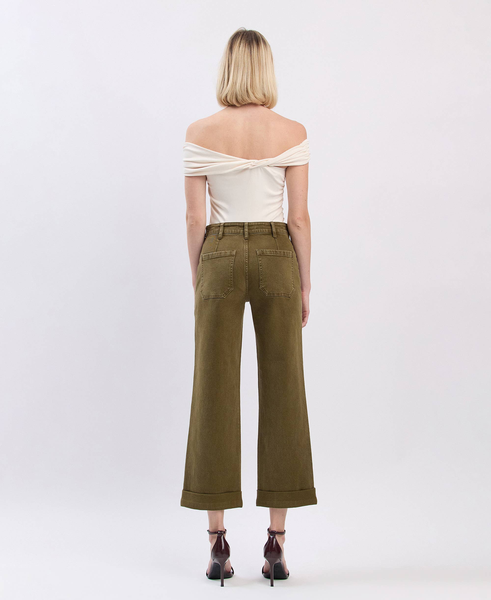 DARK OLIVE HIGH RISE TAB WAISTBAND CUFFED SLIM WIDE JEANS F5920DOL for wholesale on Faire6