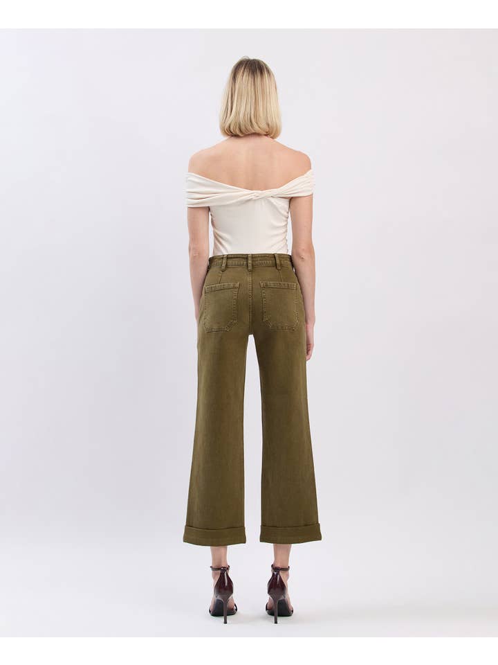 DARK OLIVE HIGH RISE TAB WAISTBAND CUFFED SLIM WIDE JEANS F5920DOL for wholesale on Faire6