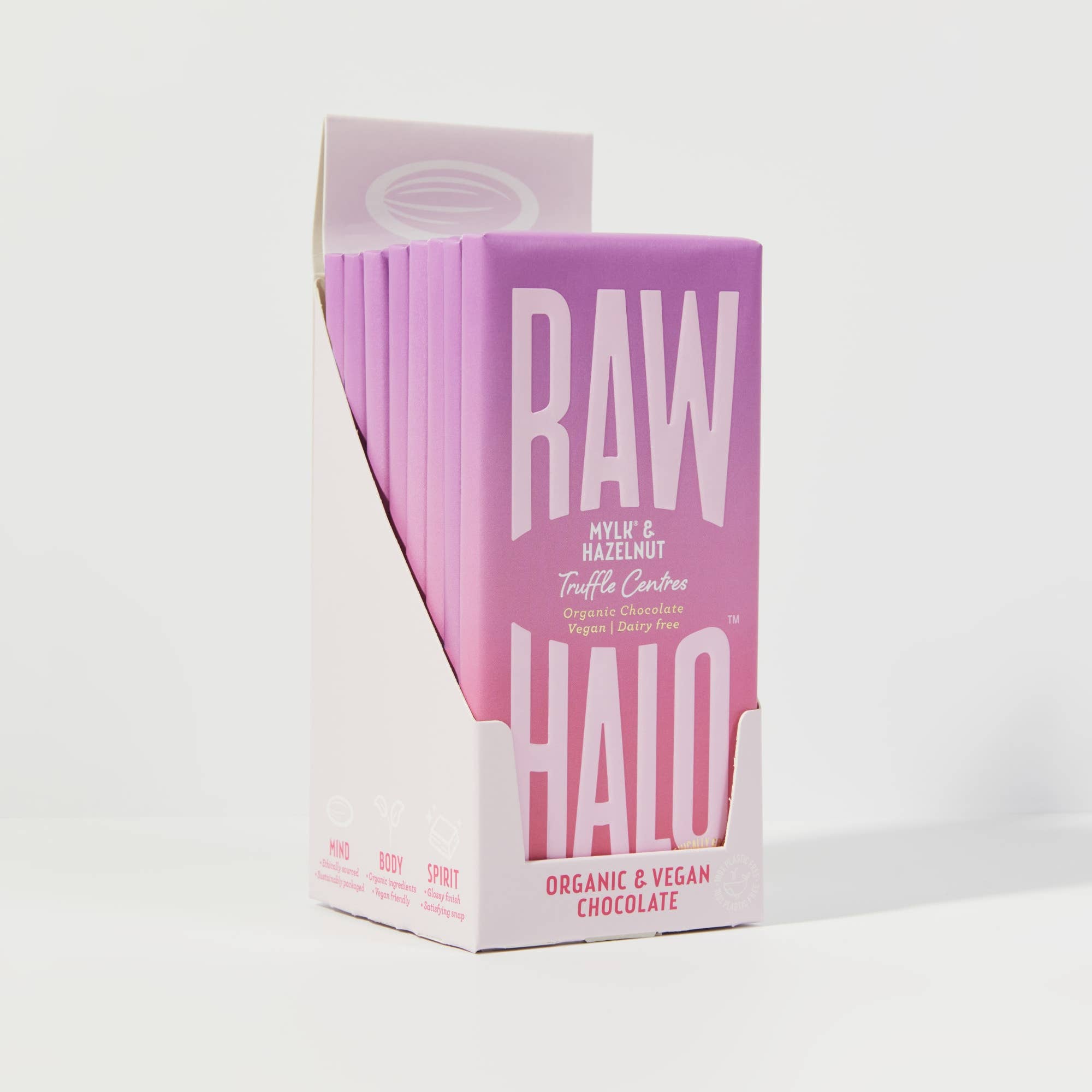 Raw Halo – wholesale Chocolate bar – Mylk & Hazlenut Truffle Centres Vegan Choc 90g (Case of 8)1