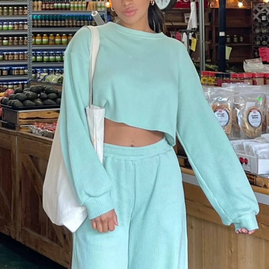 HIDDENBRAND - Wholesale Lounge Set - Women's - Waffle crop long sleeve top wide leg pant two piece set7