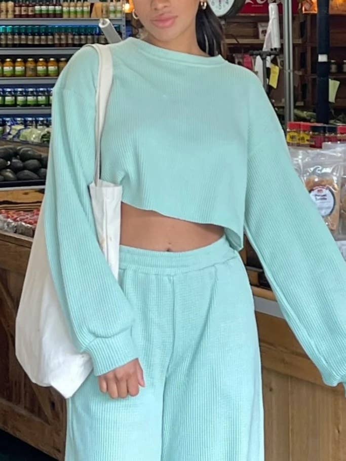 HIDDENBRAND - Wholesale Lounge Set - Women's - Waffle crop long sleeve top wide leg pant two piece set7