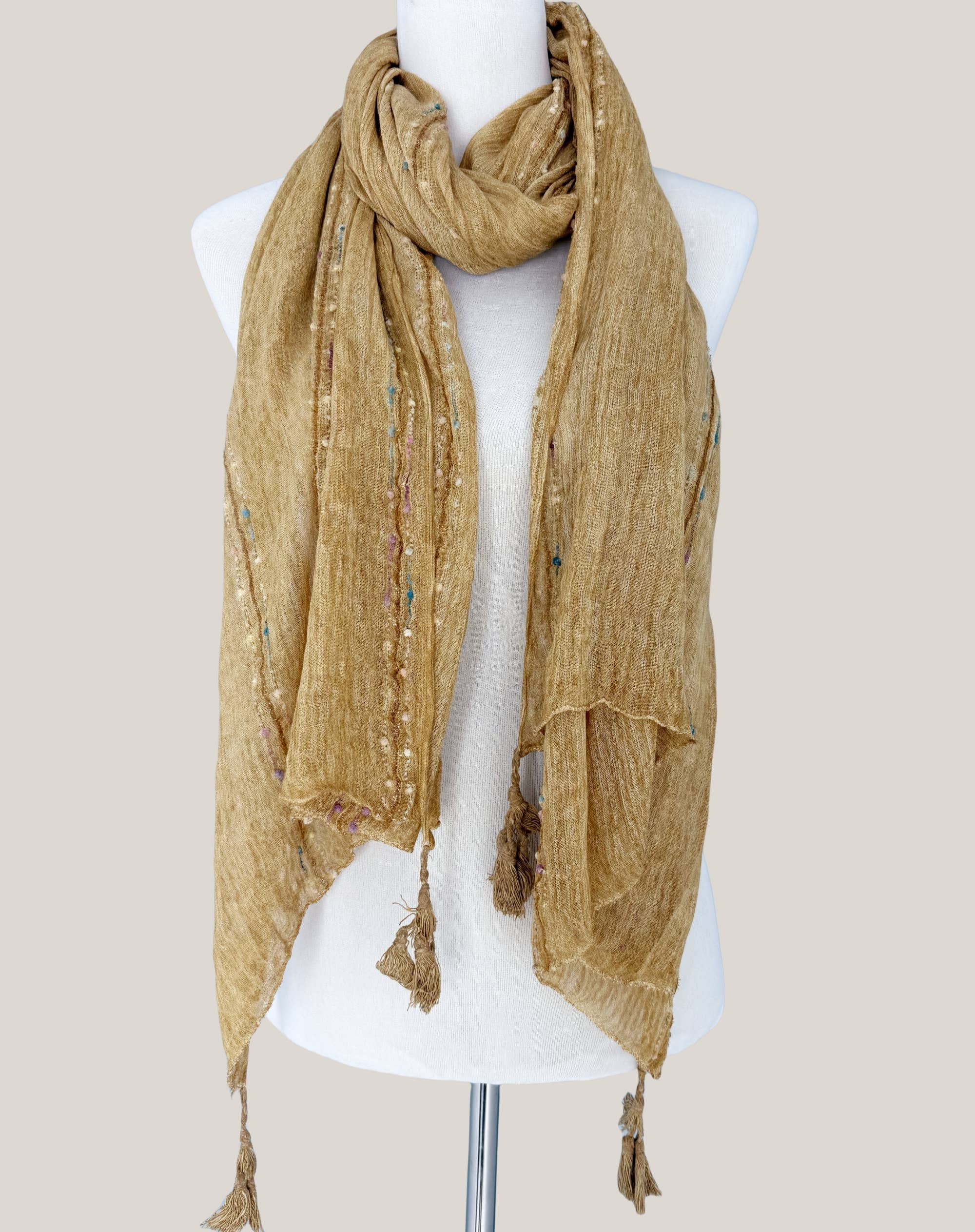 JC Sunny Fashion - Wholesale Scarf - Women's - Classic Ethnic Solid Tassels Scarf with Embroidered Stripes 4