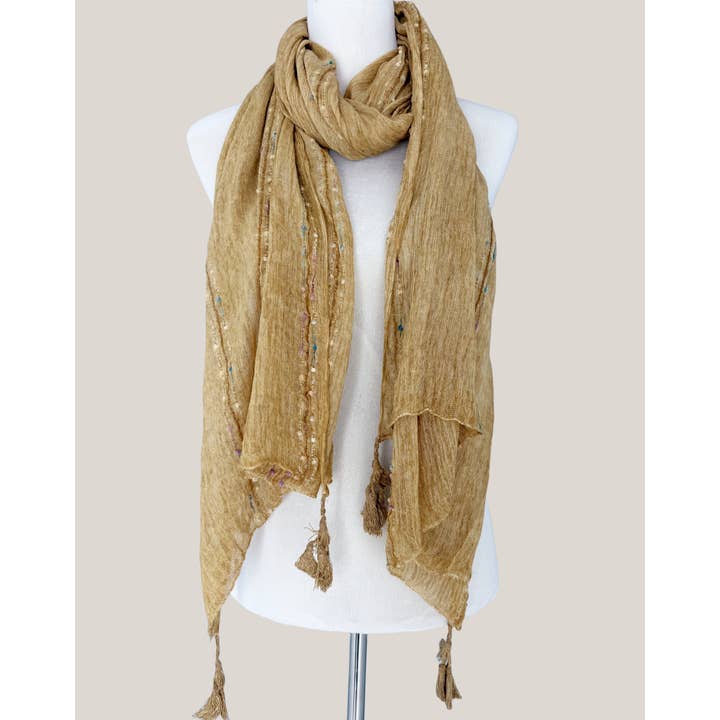 JC Sunny Fashion - Wholesale Scarf - Women's - Classic Ethnic Solid Tassels Scarf with Embroidered Stripes 4