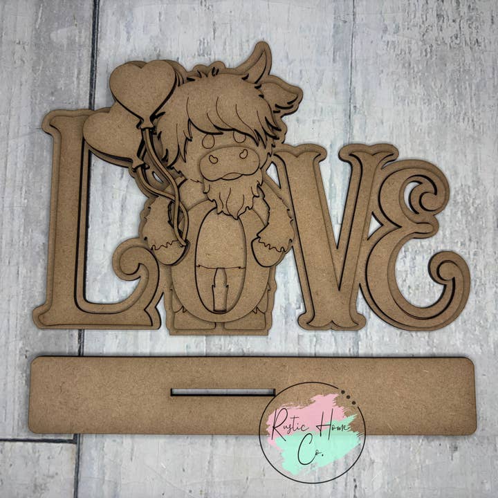 Valentine love highland cow shelf sitter craft sign kit for wholesale by Rustic Home Co LLC