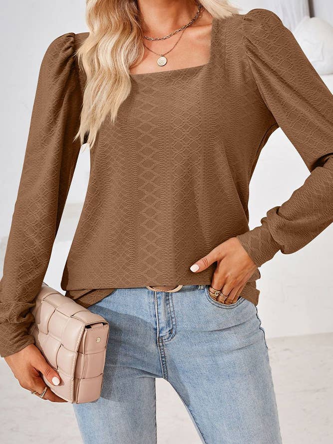 Comely Fashion - Wholesale Blouse - Women's - CF-HLL106 Square Neck Solid Jacquard Tshirt Long Sleeves Top18