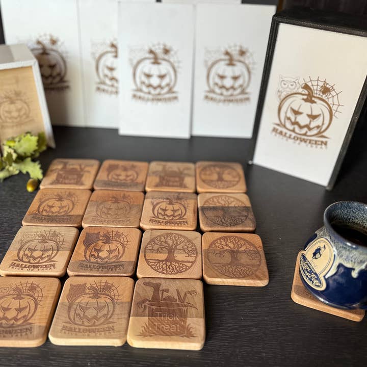 WoodCraftHaven - Venta al por mayor Posavasos - Posavasos de madera para Halloween, 3.2 pulgadas de ancho y 0.3 pulgadas de alto