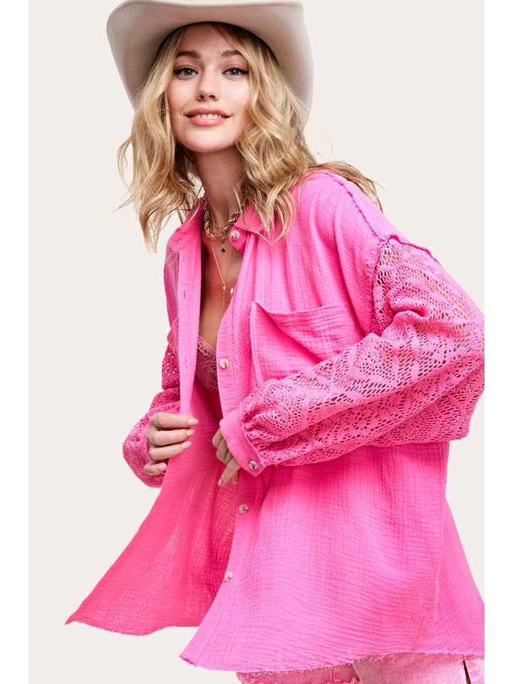La Miel - Wholesale Button Down Shirt - Women's - SRT7455-Crochet Detailed Sleeve Gauze Button Down Shirts