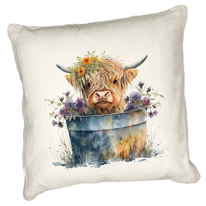 Highland Cow Cushion Watercolour Floral Crown Design #2 for wholesale by Noble & Page