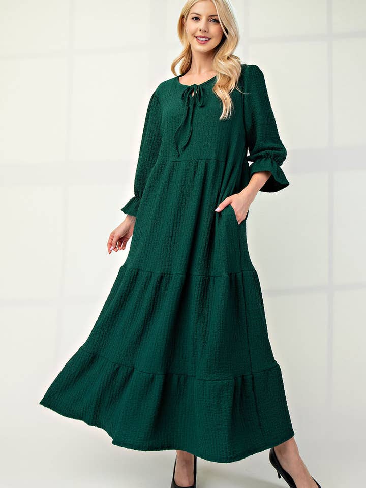 PLUS SIZE TIERED MAXI DRESS WITH PUFF SLEEVES & BOW -MD13219 for wholesale by Celeste Clothing
