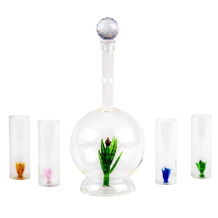 The Wine Savant / Khen Glassware - Wholesale Decanter - Tequila Aloe Decanter With Agave Plant & 4 Shot Glasses Set