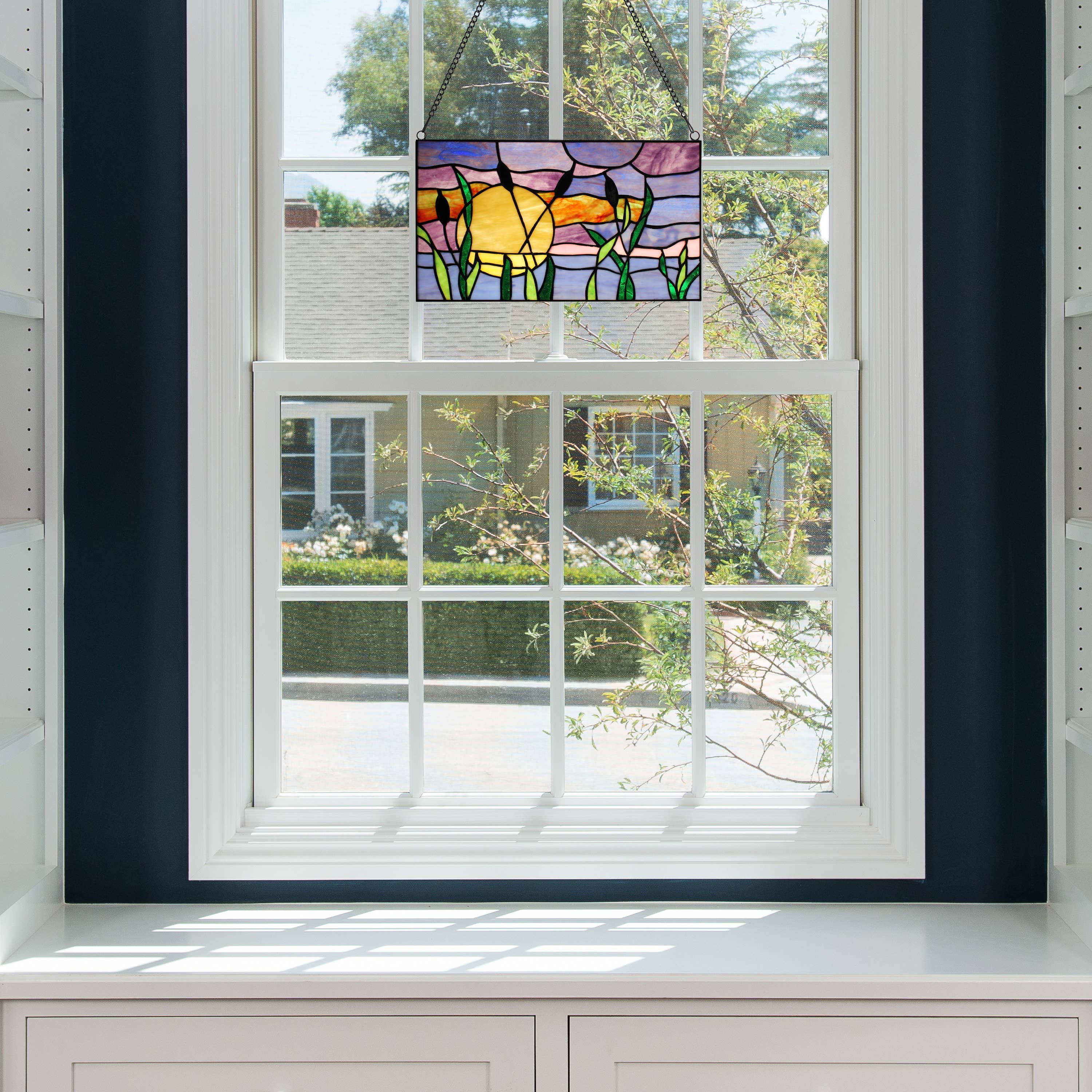 River of Goods - Wholesale Suncatcher - 8.25"H Purple Cattails at Sunset Stained Glass Window Panel3