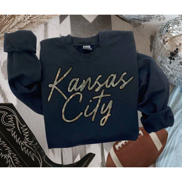 Camo Kansas City Script Sweatshirt or Tee for wholesale by The Red Rival Wholesale