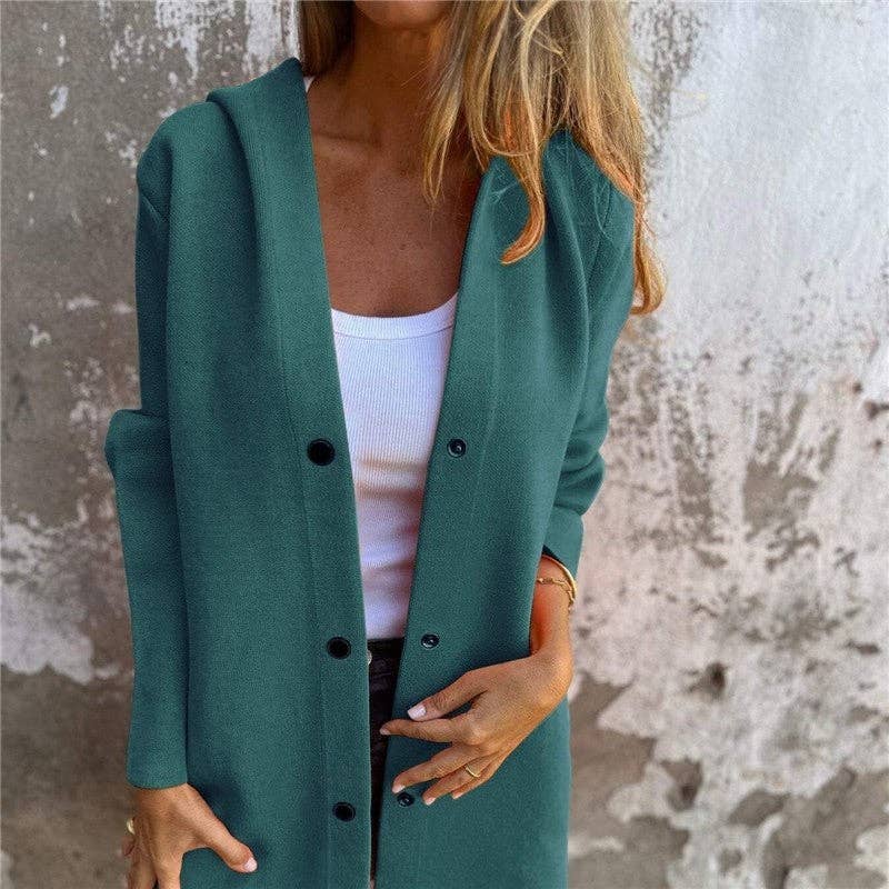 UZ Wholesale Store – Blusão - Mulher por atacado – Casaco de tricô casual com capuz e abotoamento simples em cor sólida7