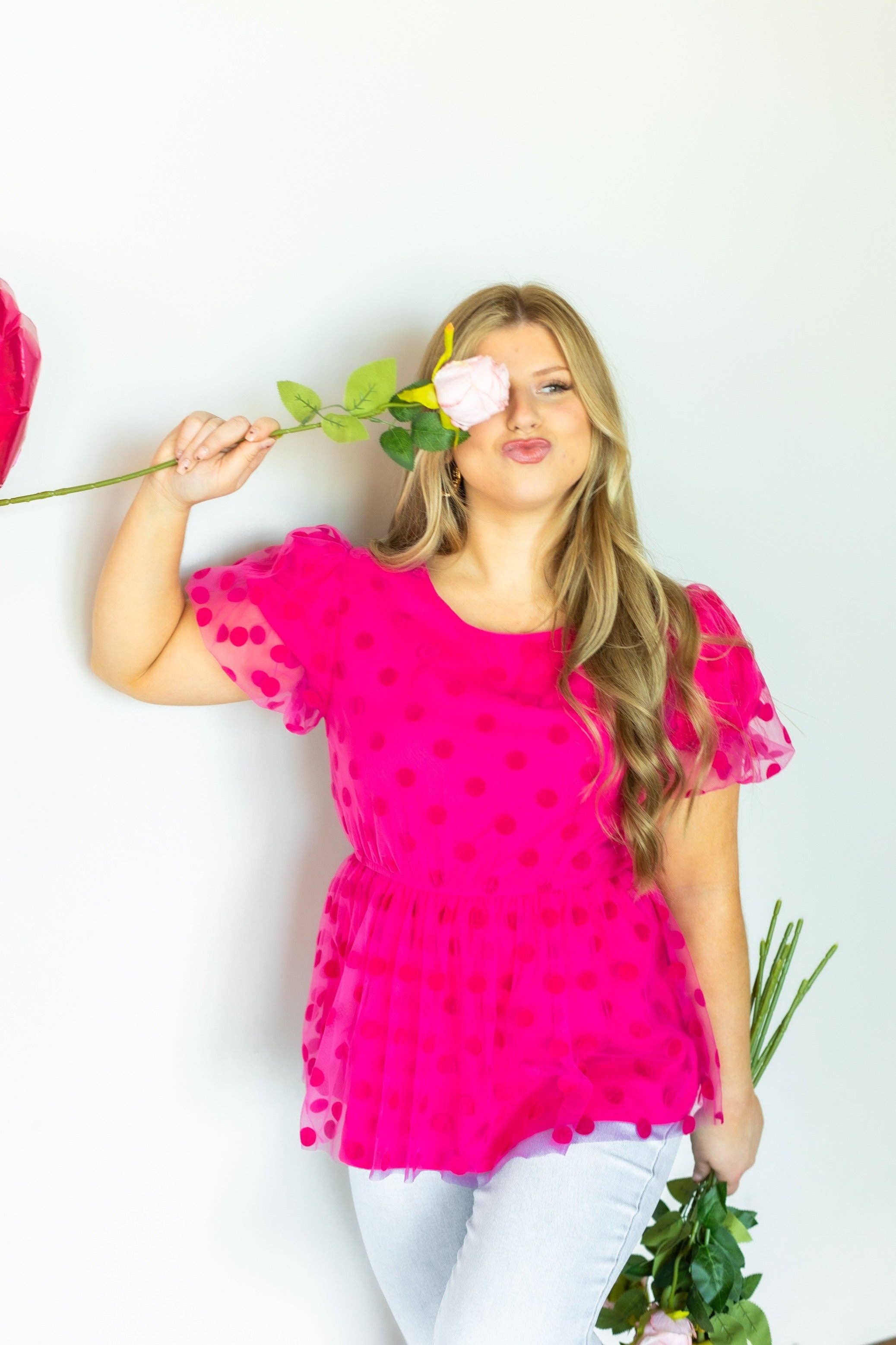 Pink Polka Dot Mesh Peplum Top for wholesale on Faire8