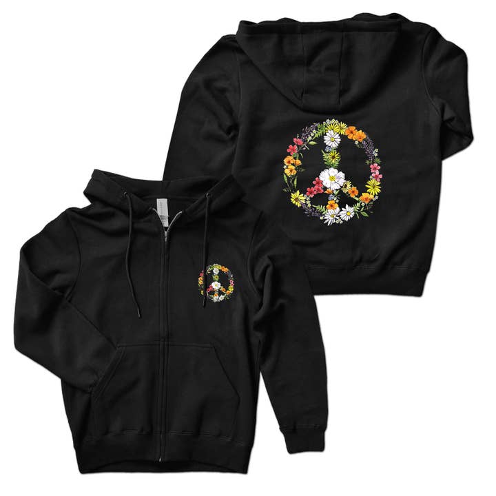 Black Floral Peace Unisex Zip Hoodie for wholesale on Faire