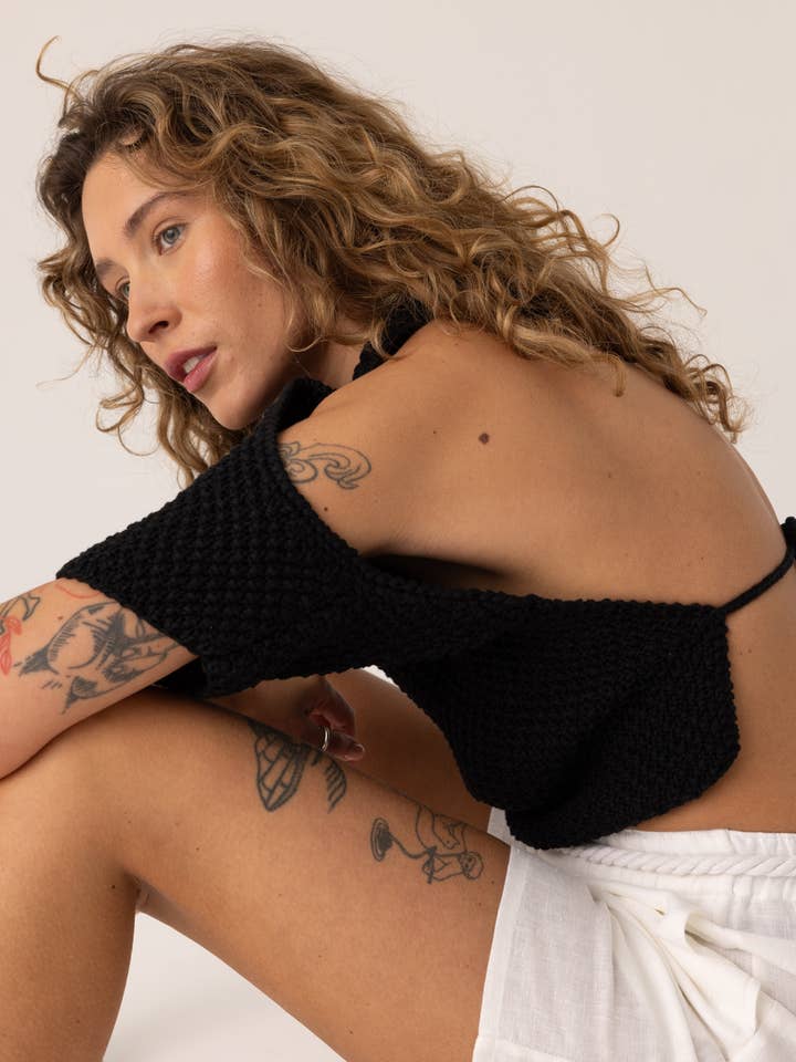 Lake Galvė Top: Handmade Linen & Cotton Crop Top Black for wholesale on Faire3