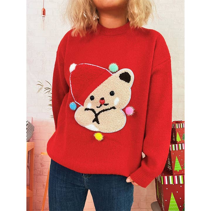 Red Winter Snowman Cartoon Knit Crew Neck Casual Sweater SXDZ89 for wholesale on Faire2