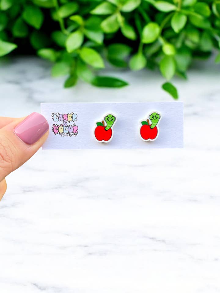 Teacher Earrings, Bookworm Earrings, Back to School Earrings for wholesale by Laser & Color Designs LLC