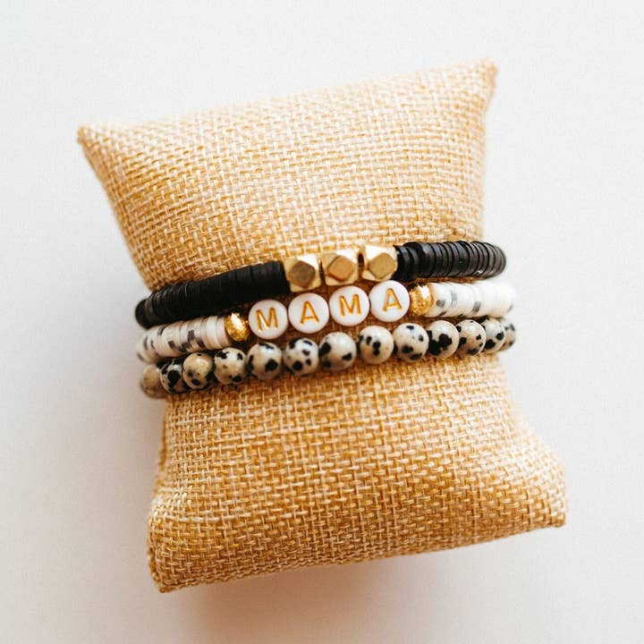 Mama Bracelet Set • Dalmatian Jasper and Clay Heishi Disc for wholesale by Kelsey O’Brien Designs