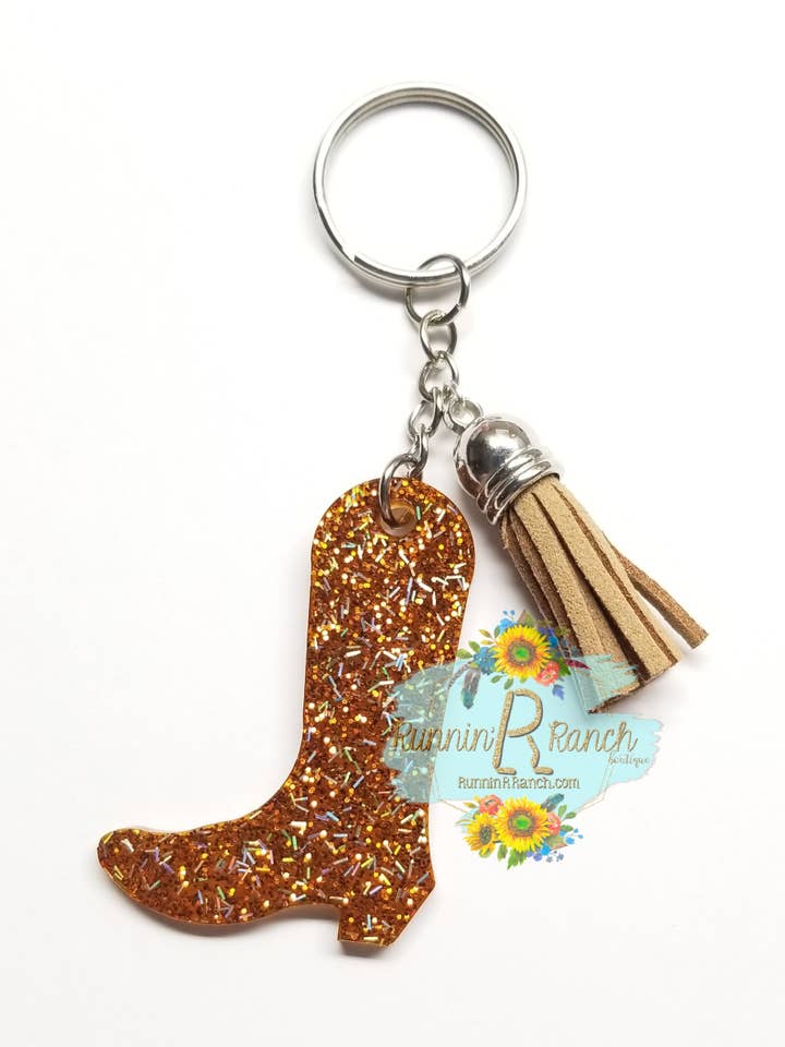 Cowboy or Cowgirl Boot Resin Glitter Keychain with Tassel for wholesale by Runnin' R Ranch