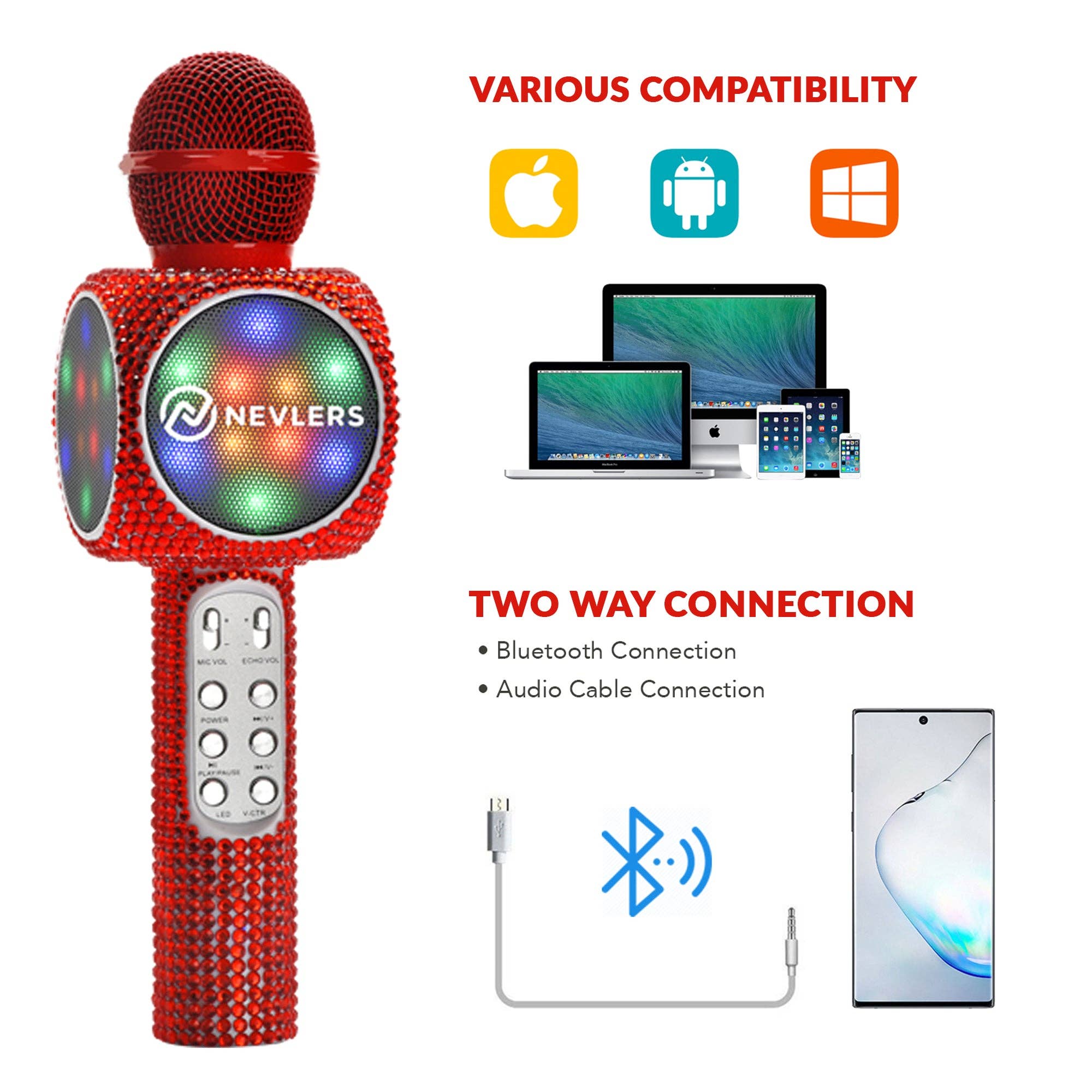 Nevlers – wholesale Speakers – Nevlers Voice Changing Karaoke Microphone - Red Bling7