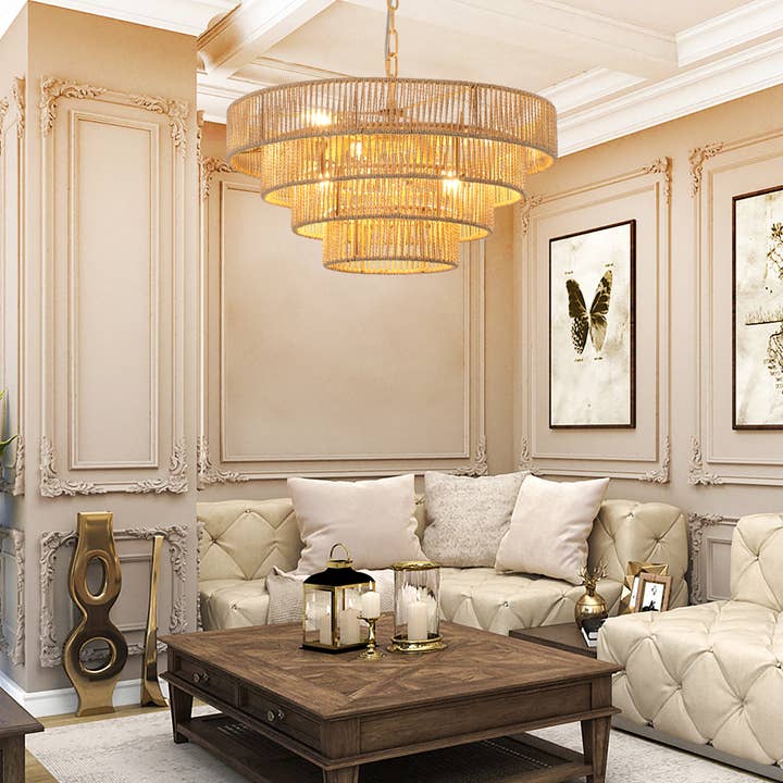 Wood Bohemian Woven 4-Tier Rattan Pendant Light Chandelier for wholesale on Faire