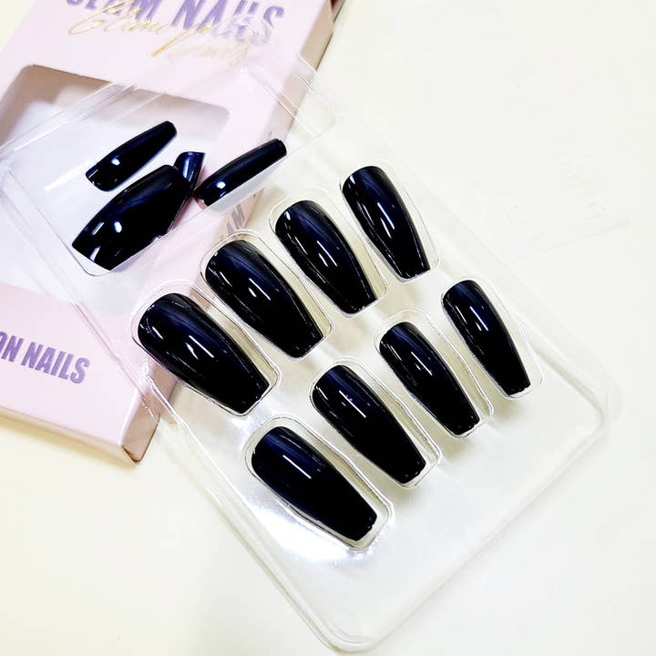 Assorted Color Glossy Coffin Shape Pre Glued Press On Nail Set for wholesale on Faire