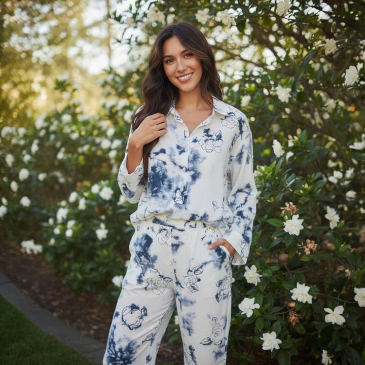 Azzura Gardenia Print Button Down Linen Top- Matching Pants for wholesale by Ida Louise