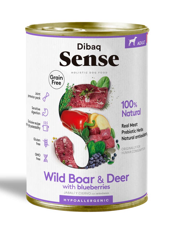 Dibaq Sense CHIEN Sans Céréales SAUVAGE (CERF ET SANGLIER) 380g pour la vente par DIBAQ
