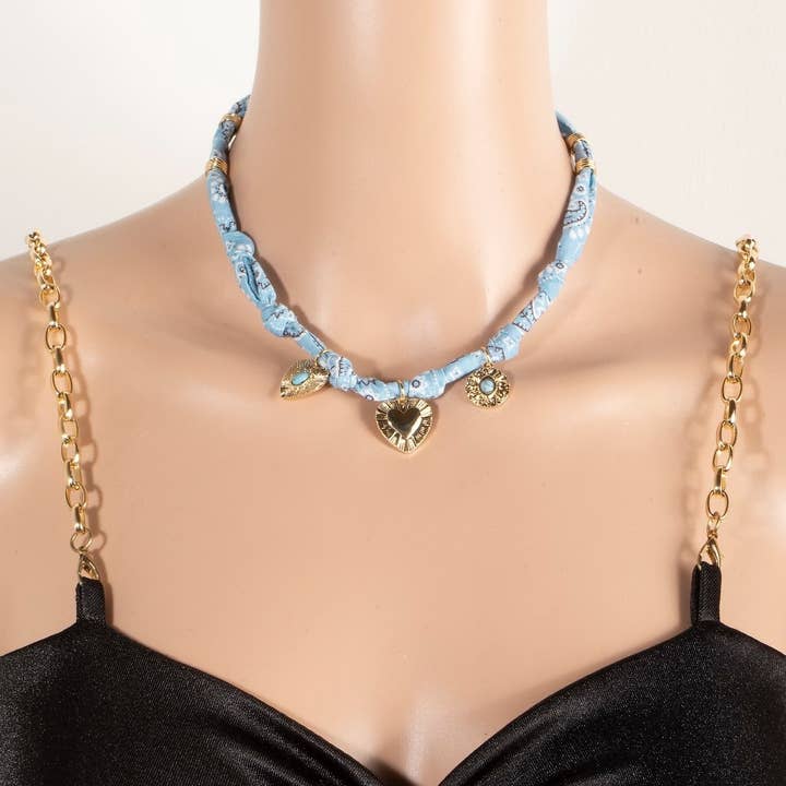 The Looks by Fame Accessories - Wholesale Pendant/Charm Necklace - Stone Set Heart And Coin Charms Paisley Bandana Knotted Necklace6
