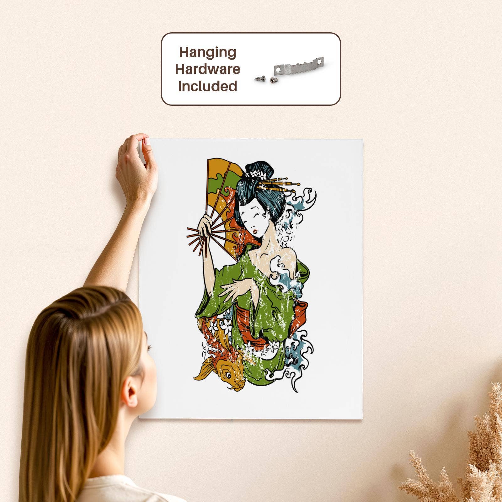 3dRose - Vente Affiche d'art - 3dRose, Geisha japonaise avec éventail Illustration à l'aquarelle, Toile de qualité musée4