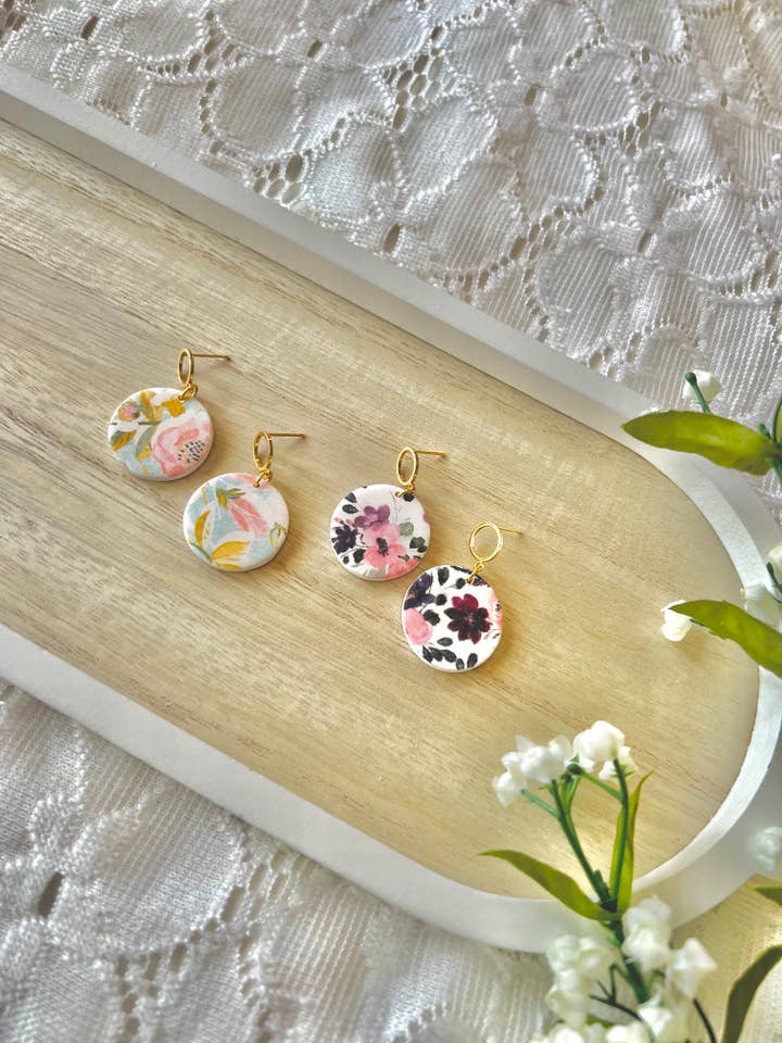 Circle Flower Earrings, Floral Clay Earrings for wholesale by SeizeTheClayJewelry