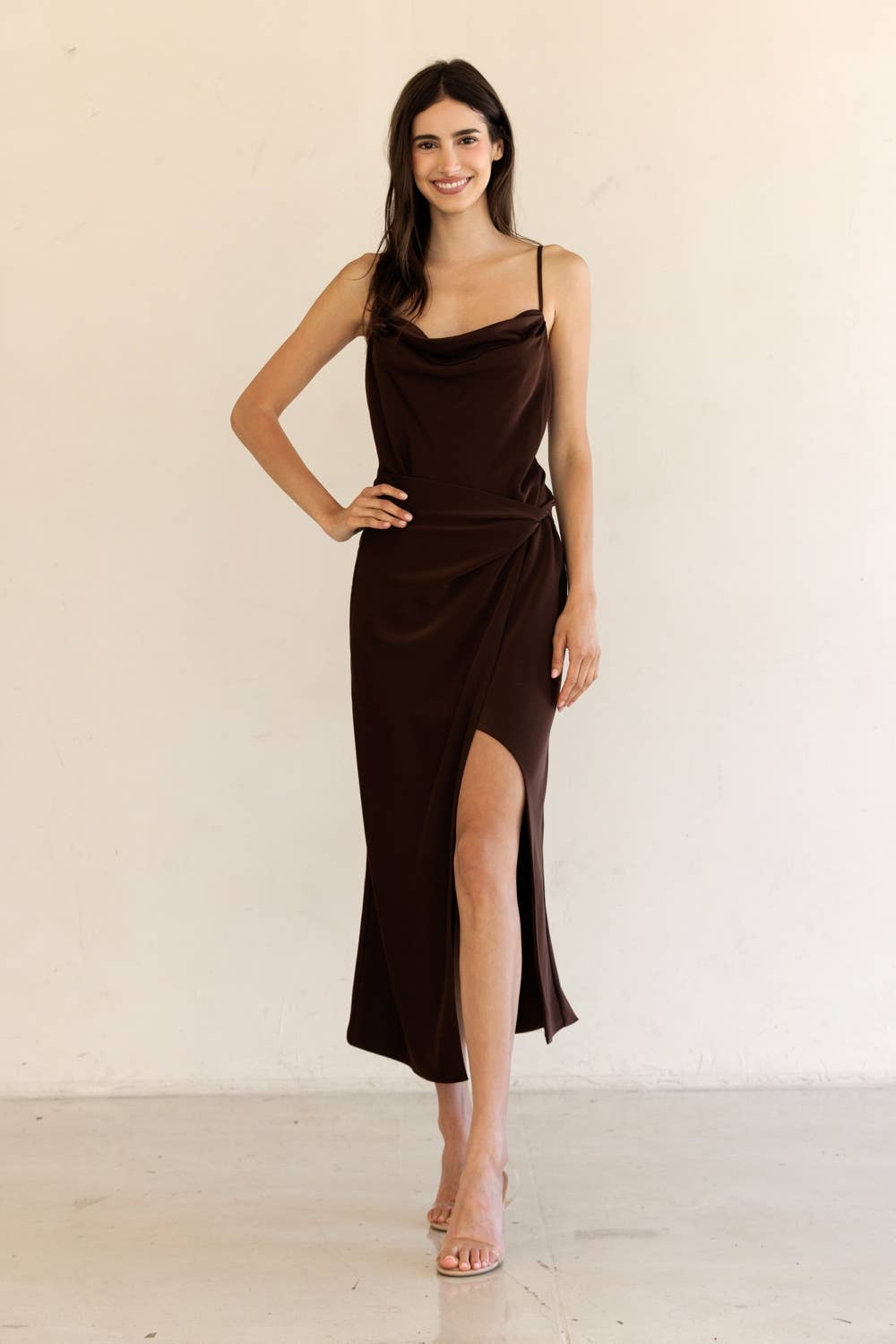 BROWN JD6761-1-COWL NECK MIDI DRESS for wholesale on Faire