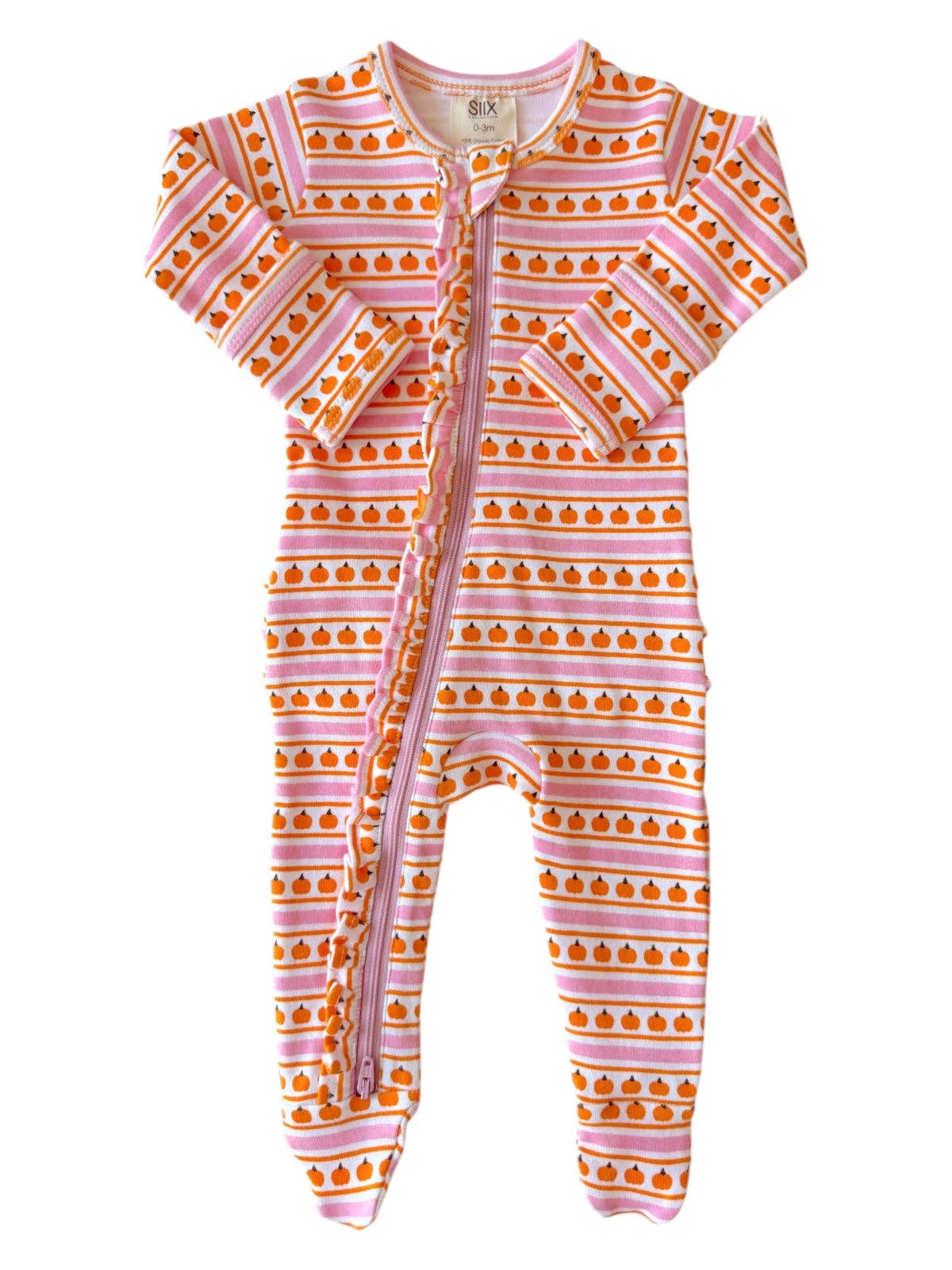 SIIX Collection - Vente Barboteuse – bébé - Rayé Citrouille Rose / Grenouillère à Volants Bio avec Fermeture Éclair1